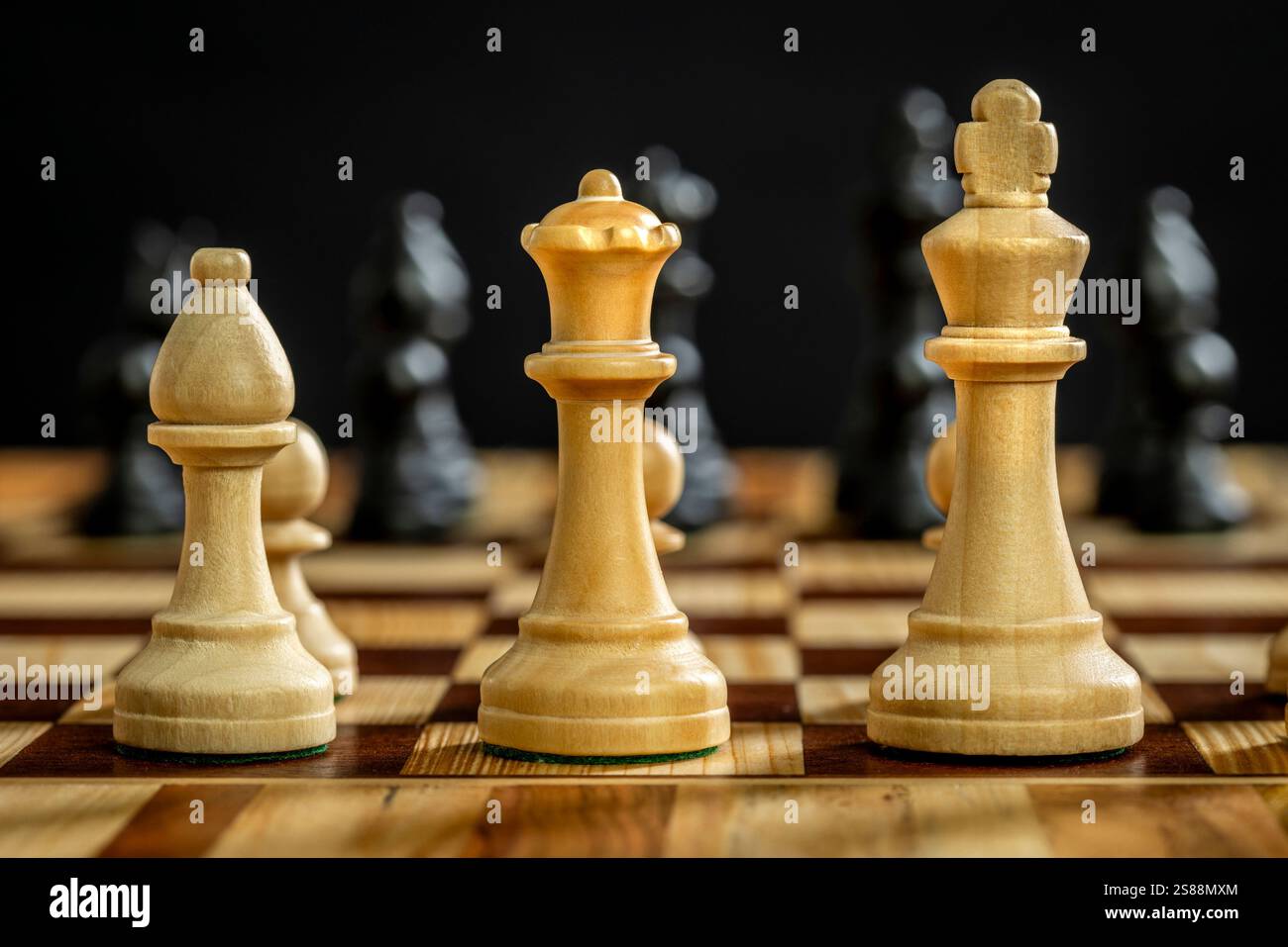 König- und Königin-Schachfiguren stehen auf Schachbrett Stockfoto