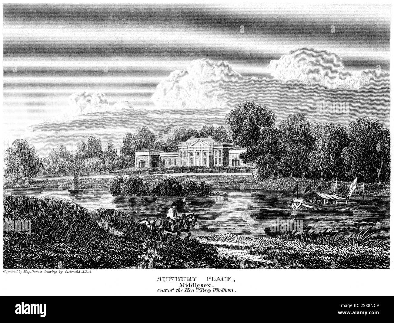 Ein Stich von Sunbury Place, Middlesex. Seat of the Hon Percy Windham scannt mit hoher Auflösung aus einem Buch, das um 1815 veröffentlicht wurde. Stockfoto