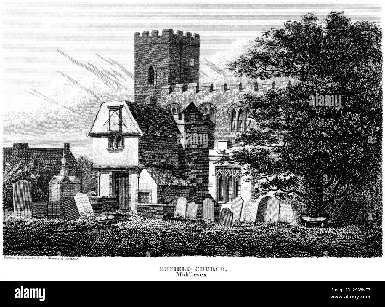 Eine Gravur der Enfield Church, Middlesex, die mit hoher Auflösung aus einem Buch gescannt wurde, das um 1815 erschien. Stockfoto