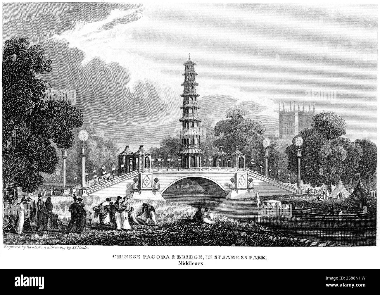 Ein Kupferstich der chinesischen Pagode & Brücke im St. James Park, Middlesex, wie sie am 1. August 1814 erschien, in hoher Auflösung aus einem Buch von 1815 gescannt. Stockfoto