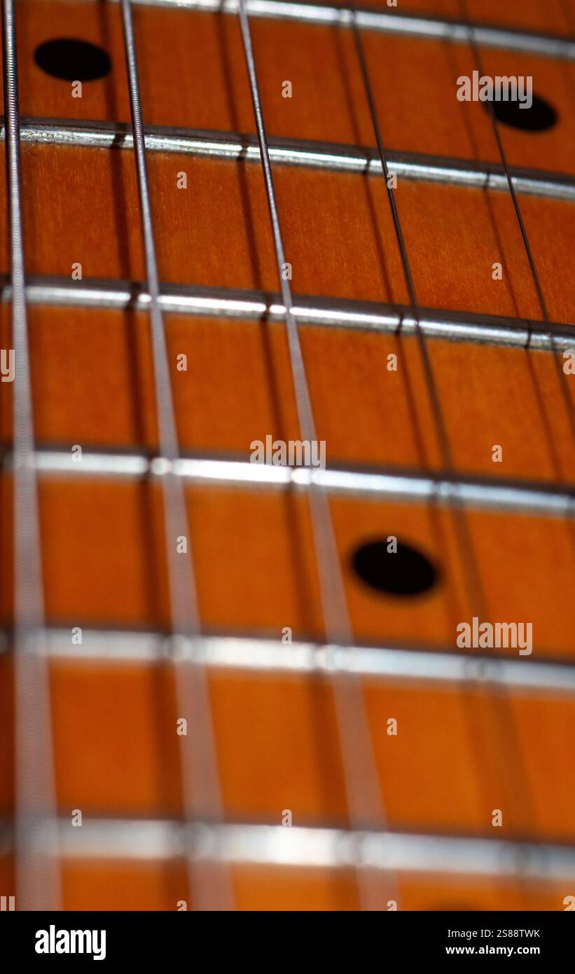 Nahaufnahme des Griffbretts einer Gitarre. Das Bild zeigt den Griffdraht und das Holz des Griffbretts. Es sind keine Personen anwesend. Das Bild ist einfach Stockfoto
