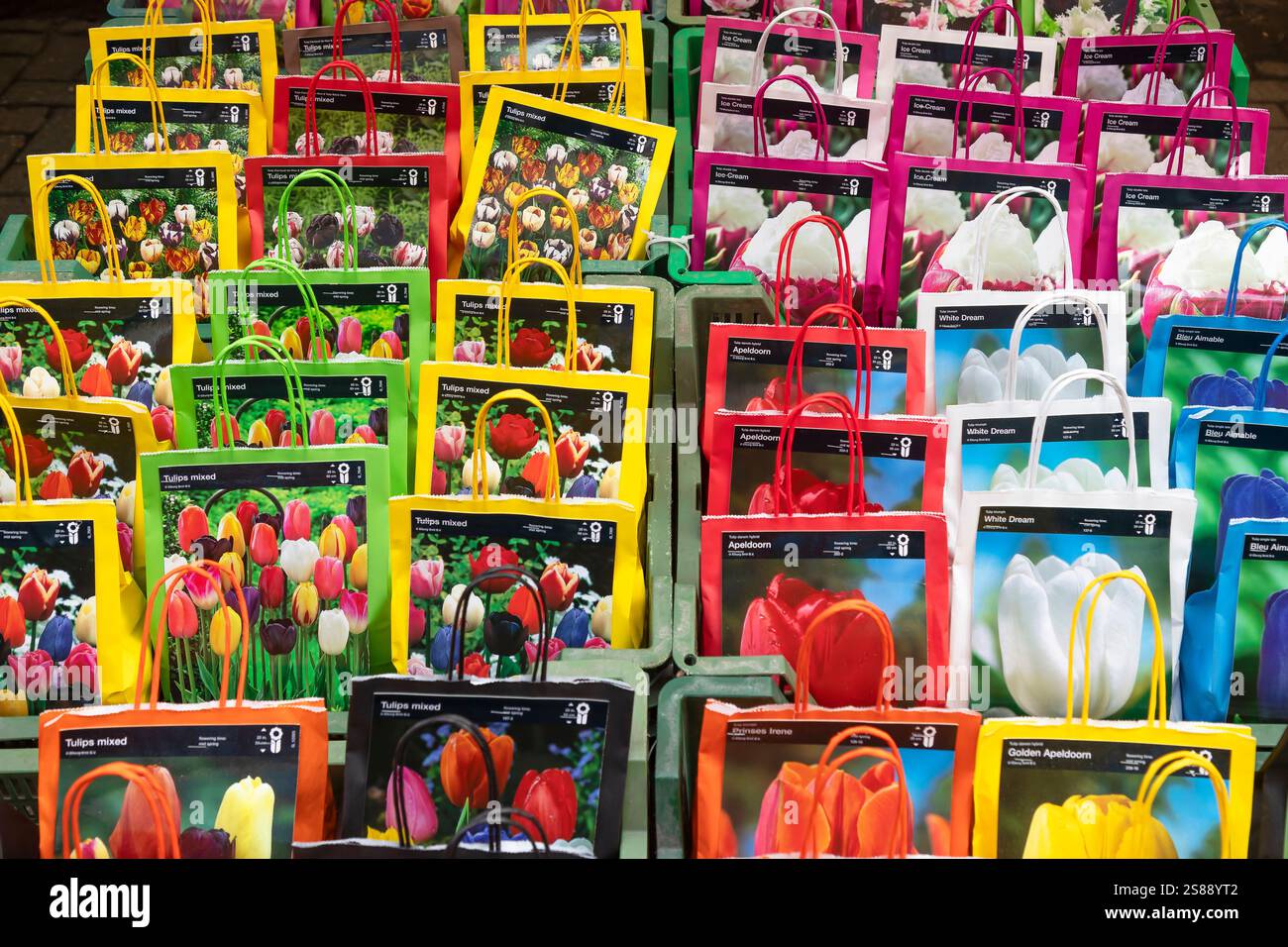 Farbige Taschen mit verschiedenen Tulpenzwiebeln zum Verkauf auf dem schwimmenden Blumenmarkt in Amsterdam. Stockfoto