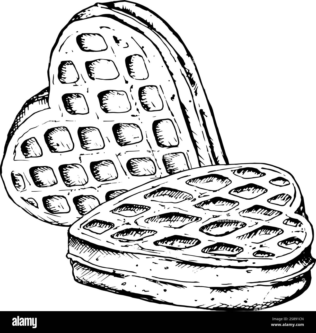 Schwarz-weiße Illustration von zwei herzförmigen Waffeln, gezeichnet in einem detaillierten Skizzenstil. Perfekt für Bäckerei Branding am Valentinstag Stock Vektor