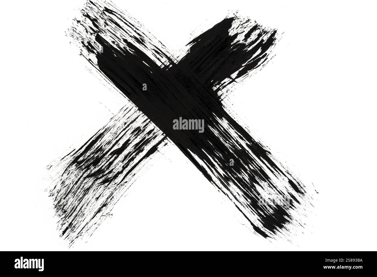 Schwarzes Grunge-Kreuz auf weißem Hintergrund. Mit Pinsel gezeichnet Stockfoto