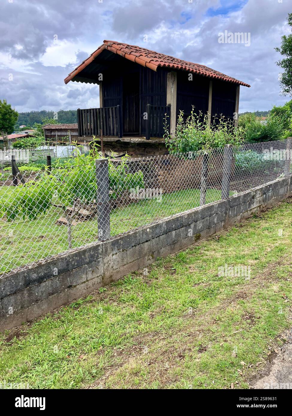 Hórreo: Ein galizischer Getreideladen vom französischen Jakobsweg - Smartphone-aufgenommenes Stockfoto