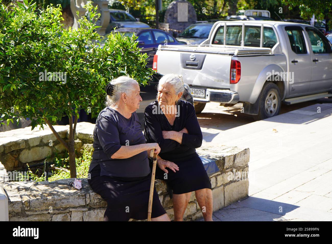 Zwei alte Frauen sitzen im Park und unterhalten sich miteinander - eine von ihnen hält einen Stock, der ihr beim Gehen hilft Stockfoto