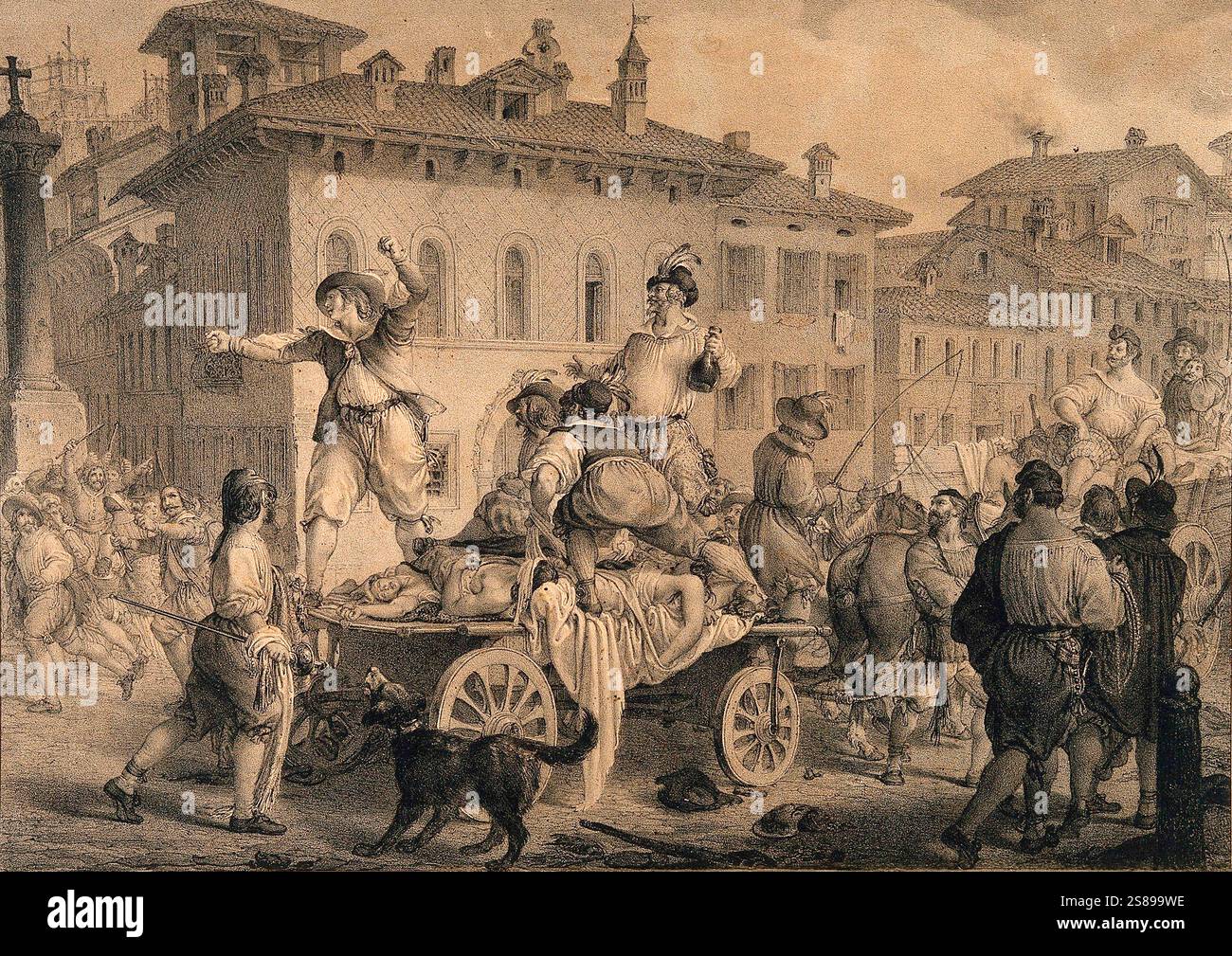 Szene aus dem Buch I promessi sposi von Alessandro Manzoni dagli! Dolch! l'untore!' Manzoni-Kappe. XXXIV, S. 278. Mailand. Gallo Gallina.; in der zweiten Hälfte 1800 - Anklage der Salber in der großen Pest von Mailand 1630; eine Szene aus Manzonis „I promessi sposi“. Lithographie von G. Gallina Stockfoto