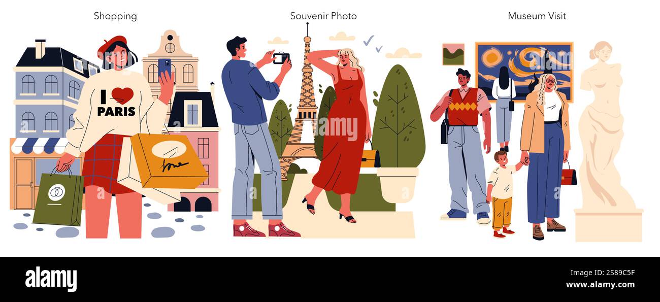 Eurotour-Konzept. Die lebhafte Erfahrung, die europäische Kultur durch Einkaufen, Fotografieren und Museumsbesuche zu erkunden. Die Freude am Reisen fesseln, Aktivitäten mit verschiedenen Attraktionen und lokalen Charme erleben. Vektorabbildung. Stock Vektor