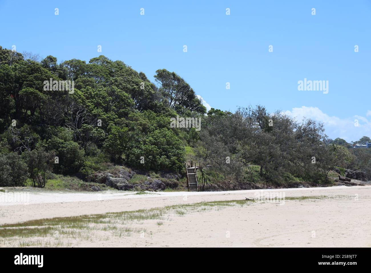 Treppen führen vom Strand auf einen weit entfernten bewaldeten Hügel Stockfoto