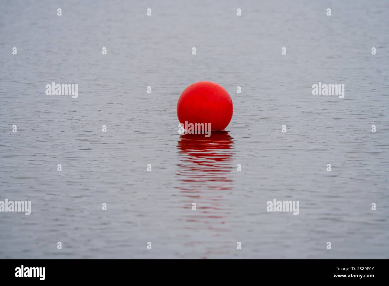 Rote Boje auf einem See, Markierungsbojen für Wassersport, Regatten, Rudern, Kanu fahren, Kajakfahren, symbolisches Bild Stockfoto