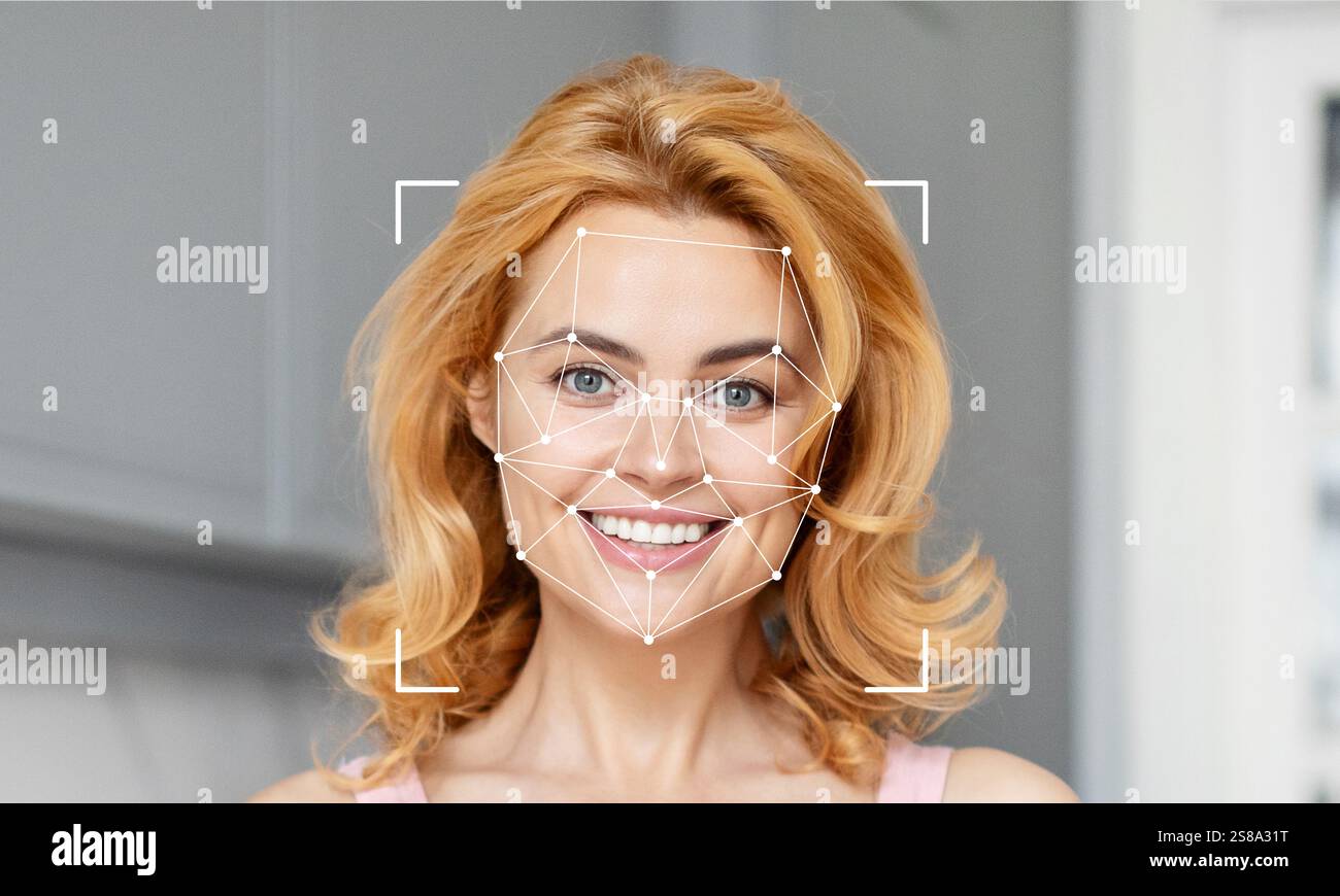Gesichtserkennungstechnologie zur Identifizierung des Gesichts einer Frau mit Kopierraum Stockfoto