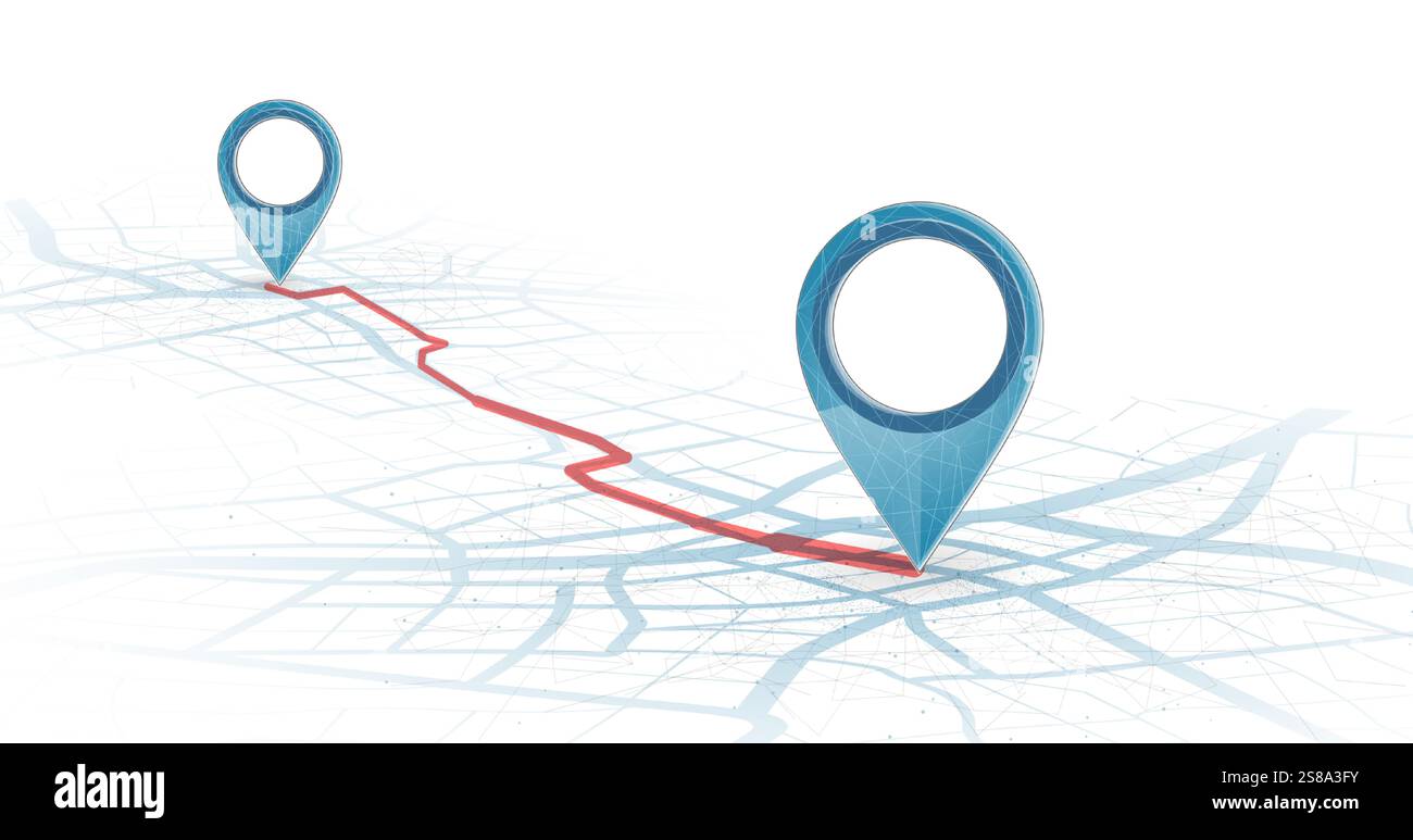 GPS. Abstraktes Vektor-Symbol mit zwei Pins auf dem Stadtplan mit weißer Linie Stock Vektor
