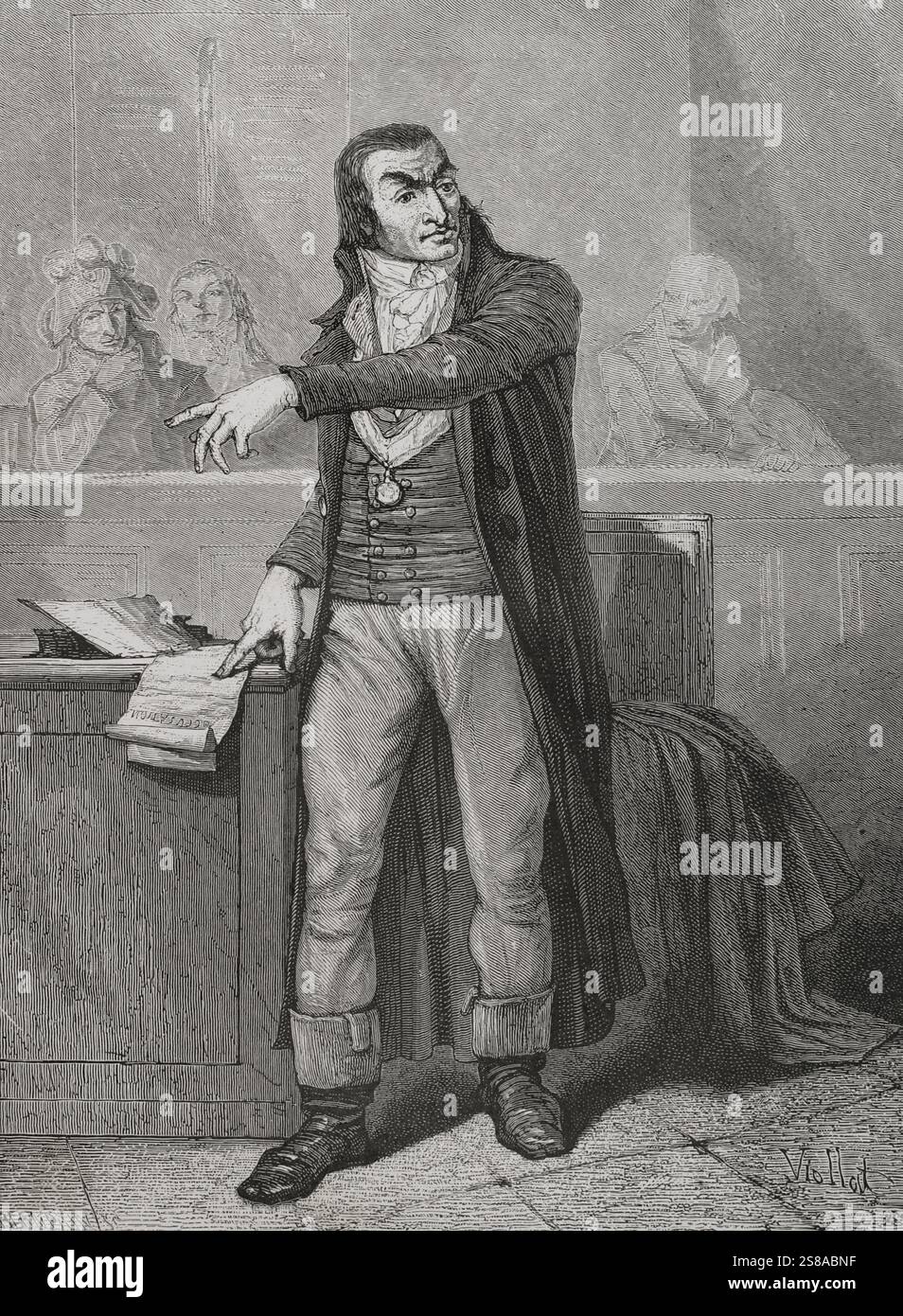 Antoine Fouquier-Tinville (Antoine Quentin Fouquier de Tinville) (1746-1795). Französischer Politiker, der als öffentlicher Ankläger des Revolutionsgerichts diente. Hochformat. Zeichnung von E. Viollat. Gravur von Blanpain. Verlauf. Autor: Eugene Joseph Viollat (* 1901). Französischer Künstler. Stockfoto