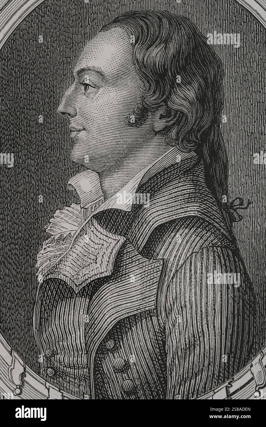 Joseph Le Bon (Guislain-Francois-Joseph Le Bon) (1765-1795). Französischer Politiker. Stellvertreter des Nationalkonvents (1. Juli 1793 bis 16. Oktober 1795). Hochformat. Gravur. Verlauf. Stockfoto