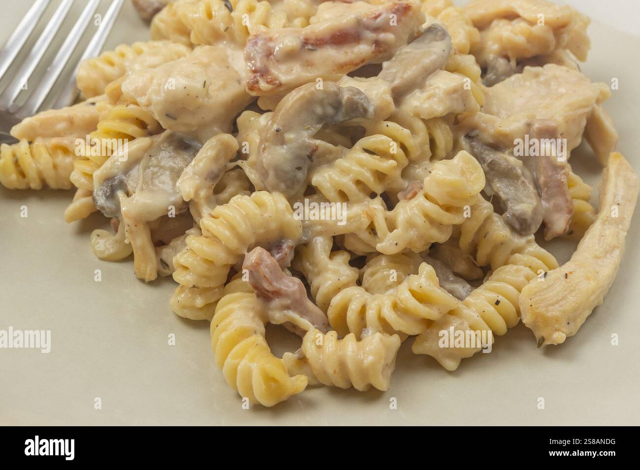 Teller mit Fusilli-Pasta mit Huhn und Pilzen Stockfoto