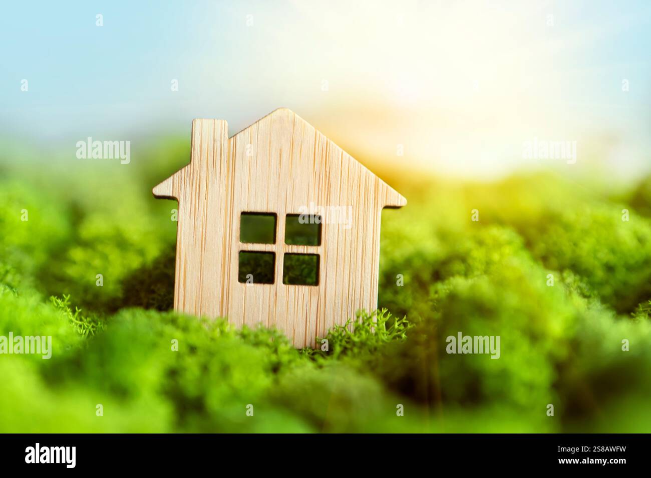Ein kleines Spielzeughaus auf einem Hintergrund von Pflanzen als Symbol eines privaten Landhauses. Das Konzept der Immobilien in Hypotheken. Copyspace, copy space Stockfoto