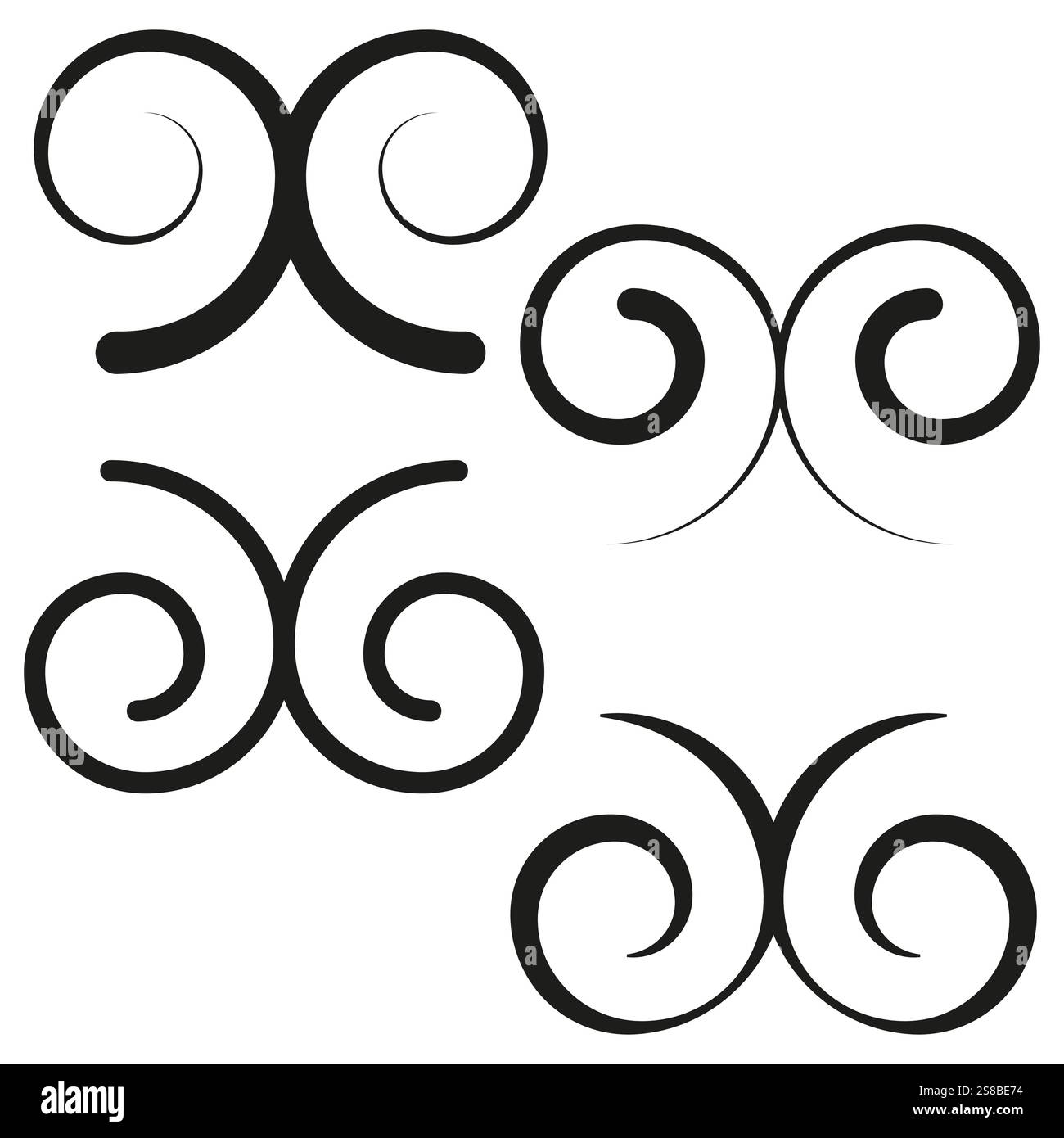 Dekoratives Spiralset. Abstrakte Vektorelemente. Schwarze Drallformen. Elegantes künstlerisches Design. Stock Vektor
