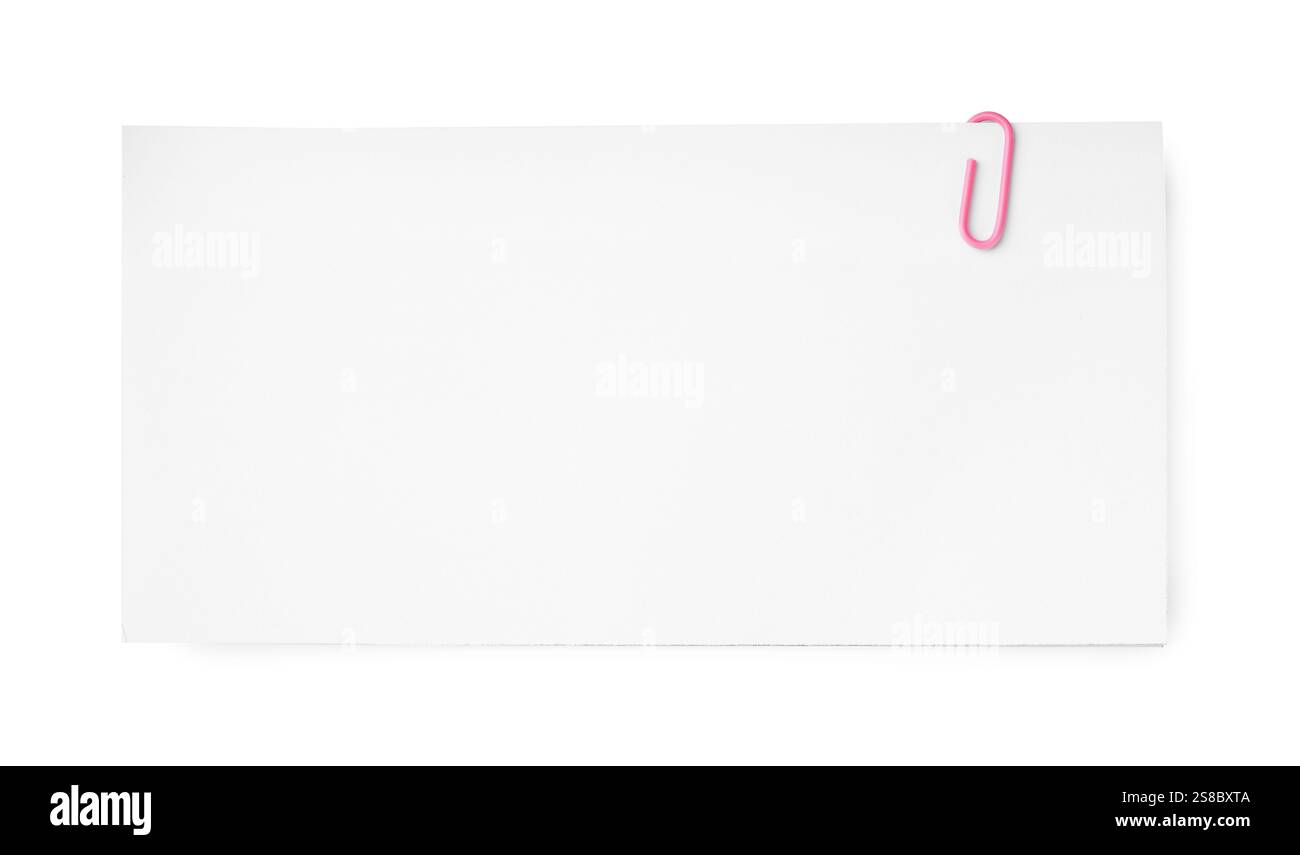 Leeres Papierblatt befestigt mit Clip isoliert auf weiß, Draufsicht Stockfoto