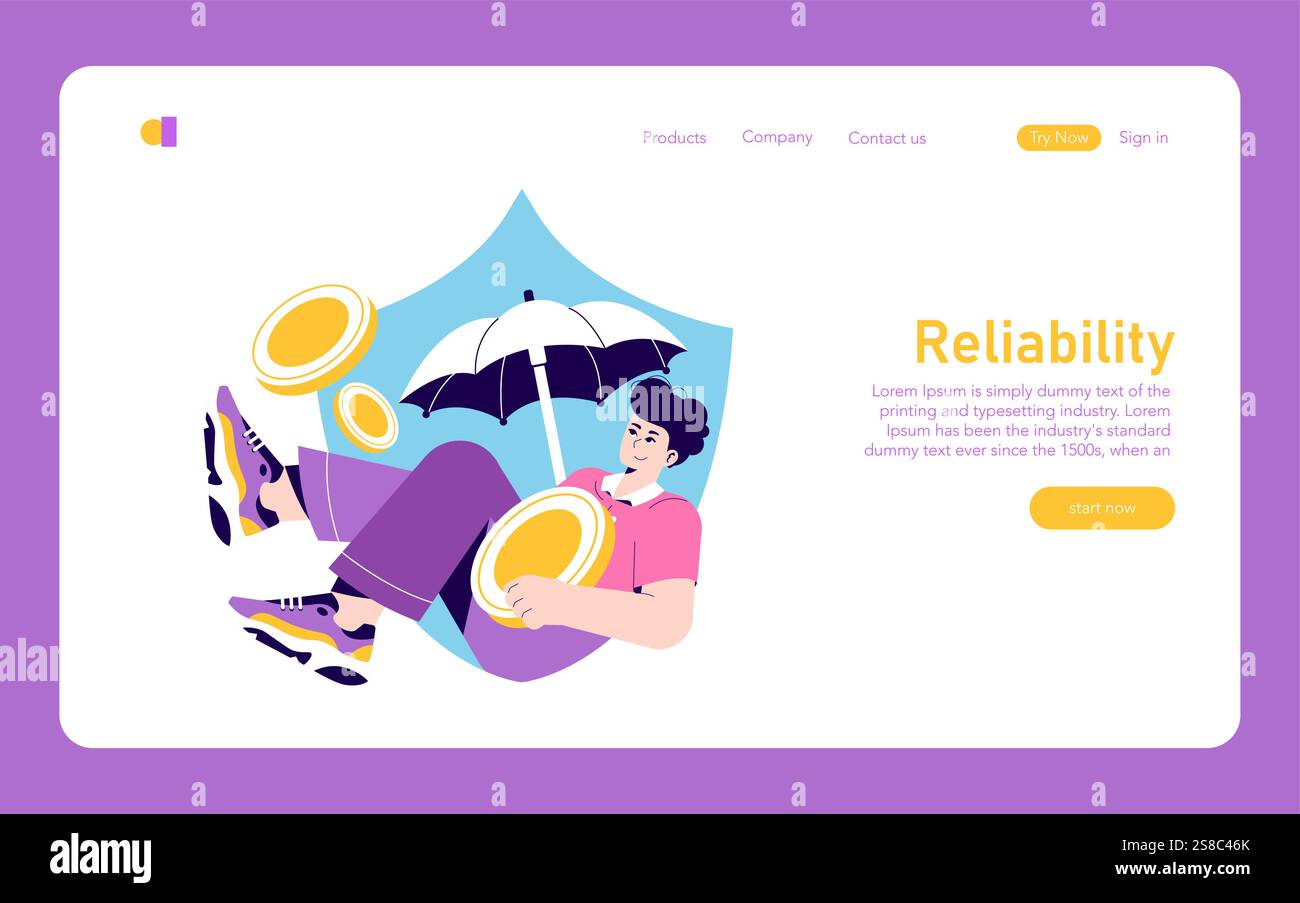 Finanzschutzkonzept. Charakter unter einem Schirm mit Münzen, die Investitionssicherheit vermitteln. Stabilität des digitalen Bankwesens und Sparversicherung. Vektorabbildung. Stock Vektor