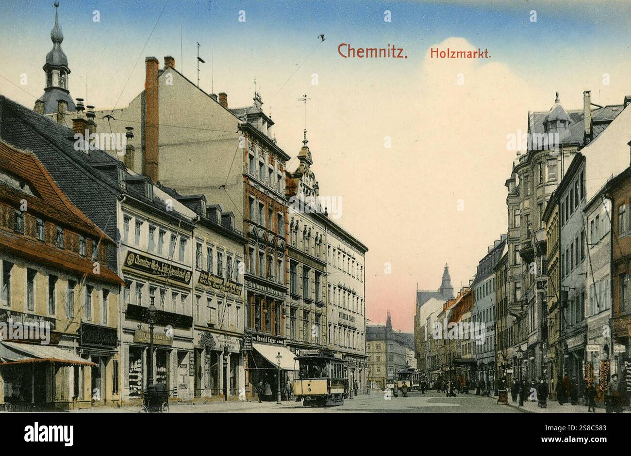 Der Holzmarkt in Chemnitz, 1910, Sachsen, Deutschland, digitale verbesserte Reproduktion von einer historischen Vorlage, um 1900, gemeinfreie Stockfoto