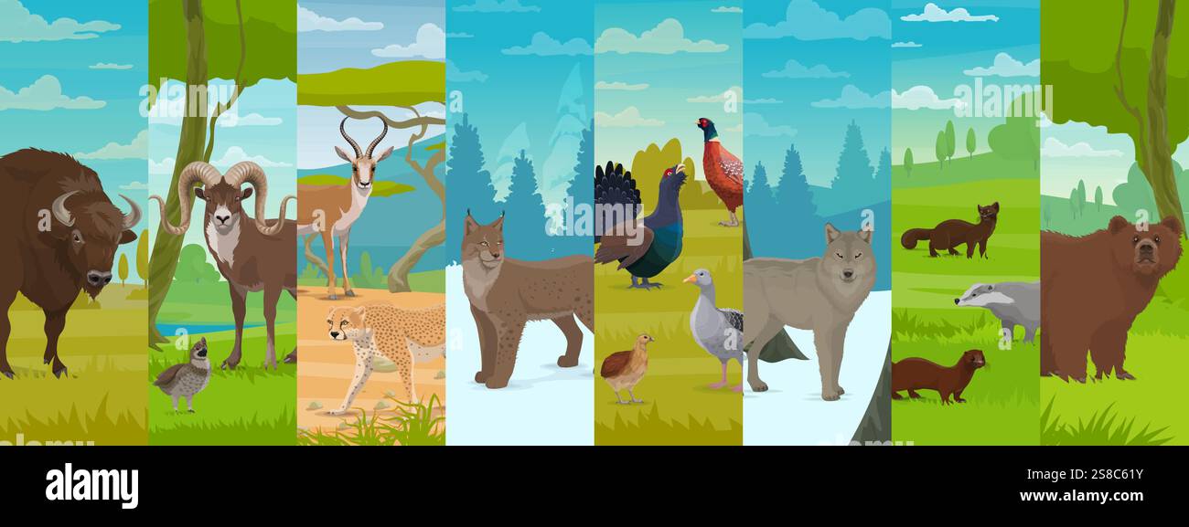 Gejagte Tiere und Vögel Collagen in Sommerwald, Winterbergen und afrikanischen Savannenlandschaften Vektor Hintergrund. Zeichentrickbär, Wolf, Luchs und Dachs, Bison, Antilopen, Gepard, Fasan Stock Vektor