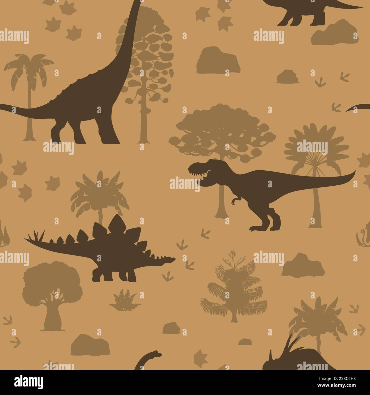 Prähistorische Dinosaurier nahtloses Muster. Jurassischer Dinos-Vektor-Hintergrund mit Silhouetten von tyrannosaurus rex, Stegosaurus, Styracosaurus und Titanosauria. Dinosaurier, Palmen, Fußabdrücke Stock Vektor