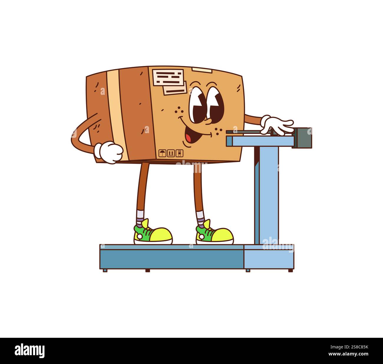 Cartoon groovige Lieferung Karton Charakter Gewicht. Isolierte Vektor-lustige Paket-Retro-Persönlichkeit, die auf Waage mit lächelndem Gesicht steht. Freundliches Frachtpaket, das für den Post- oder Postversand bereit ist Stock Vektor