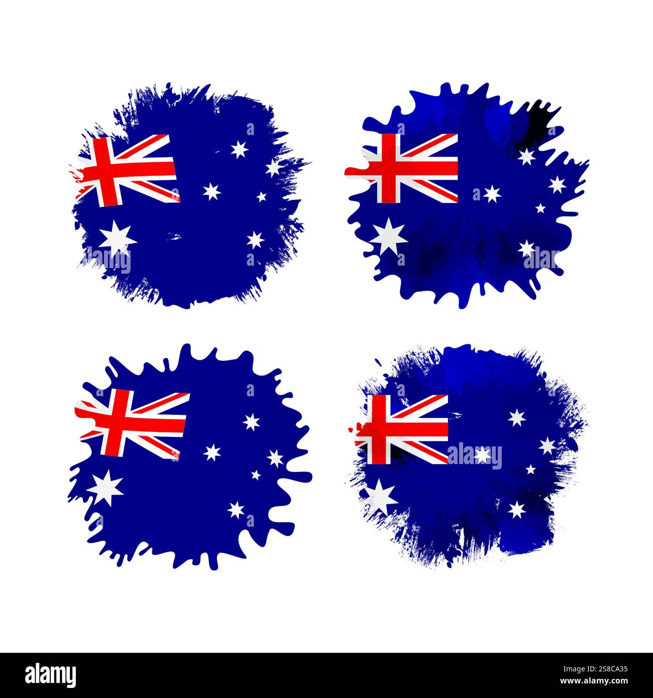 Set aus kreativen Blauflecken mit Elementen der australischen Flagge. Grunge-Style-Spots-Vorlage. Handgerahmte runde Form. Clipart-Kollektion. Isoliertes Bürsten Stock Vektor