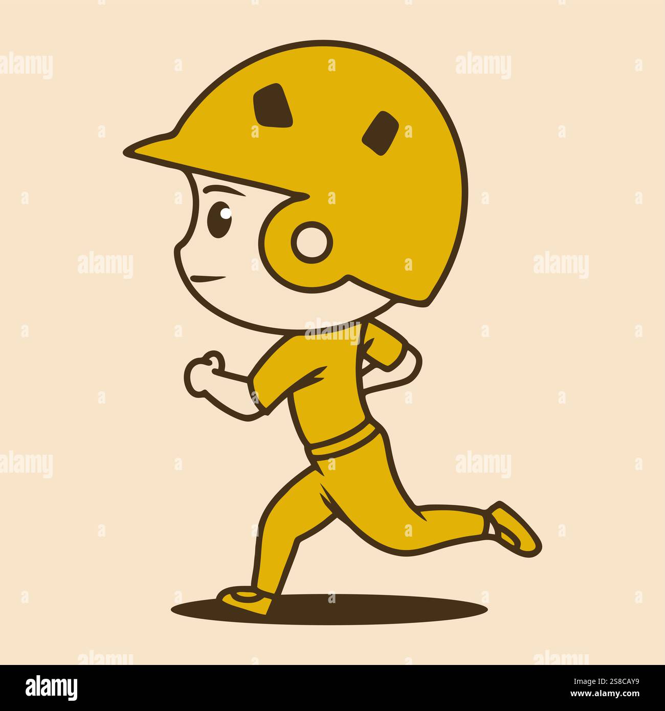 Baseball-Chibi-Maskottchen mit Helm in Laufposition in gelben Retro-Farben Stock Vektor