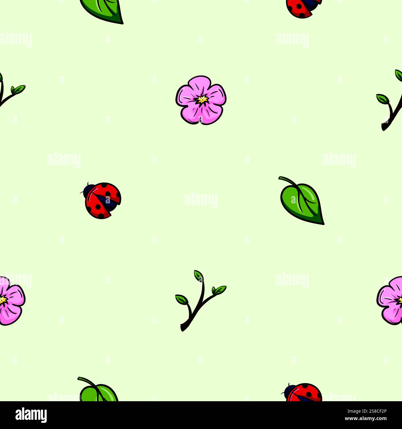 Helles nahtloses Frühlingsmuster mit Blumen, Marienkäfern und Pflanzen. Vektorhintergrund für Dekoration, Druck, Geschenkpapier Stock Vektor