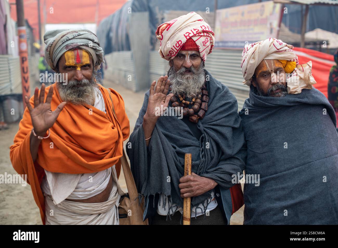 Bilder von Sadhus und Naga Sadhus beim Maha Kumbh Mela, dem Hindufest, das alle 144 Jahre stattfindet. Stockfoto