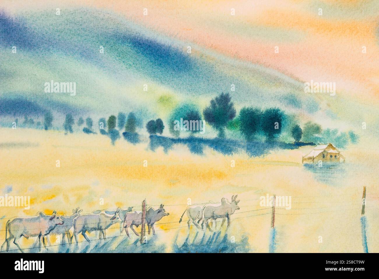 Aquarell Original Landschaftsmalerei viele Kuhherden in gelber Prärie und Berggrund. Stockfoto