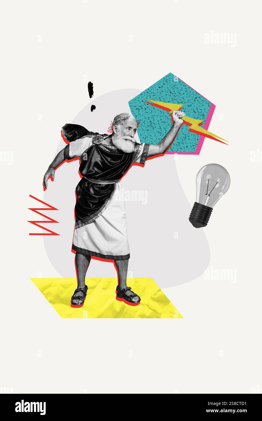 Poster vertikale Foto-Collage von ernsten Rentner alten Mann werfen Blitzspannung Glühlampe Strom Stromausfall Stockfoto