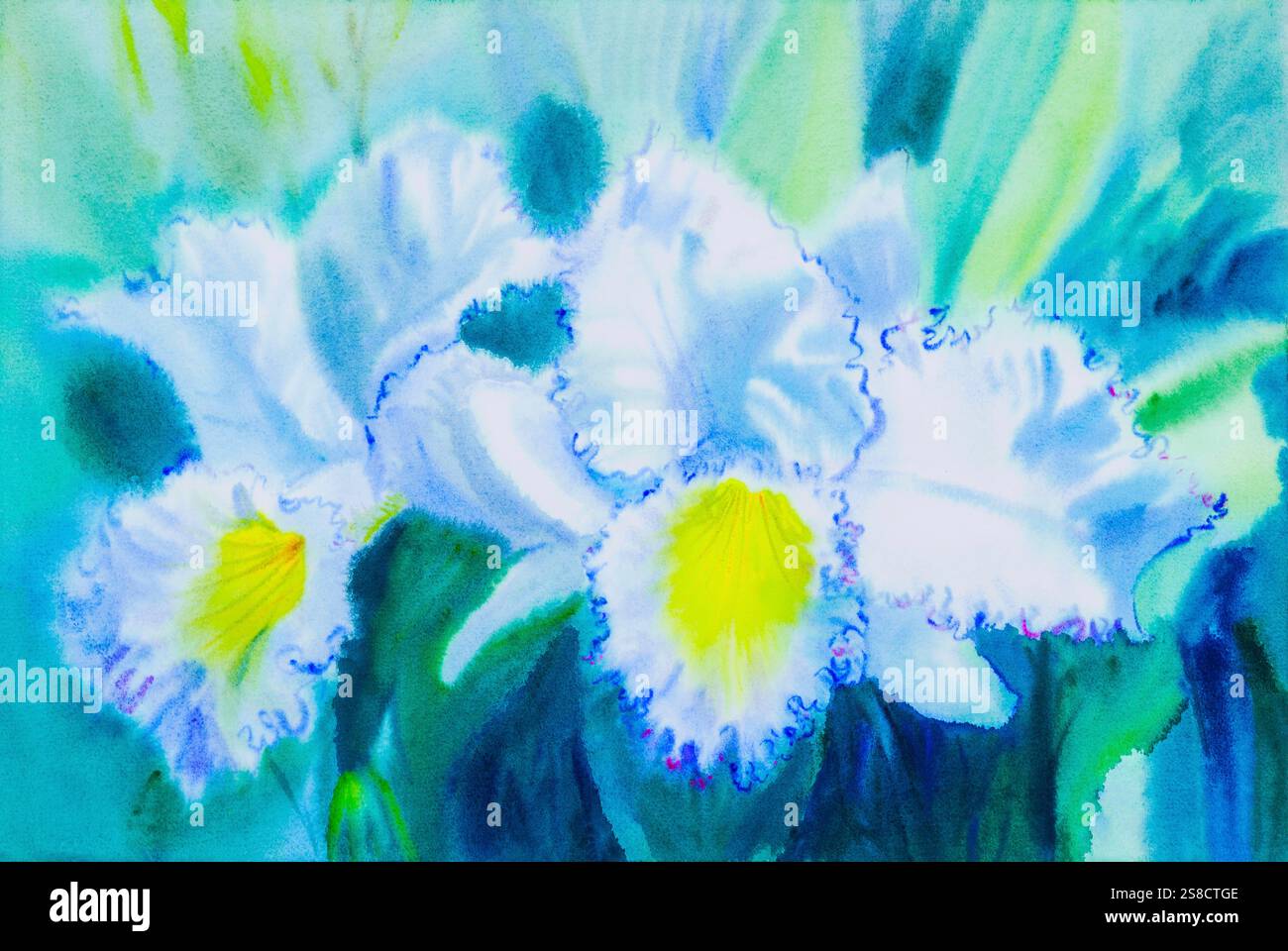 Abstraktes Aquarell Originalgemälde weiß, gelbe Farbe der Orchideenblume und grüne Blätter auf blauem Hintergrund. Handgemalte Abbildung. Stockfoto