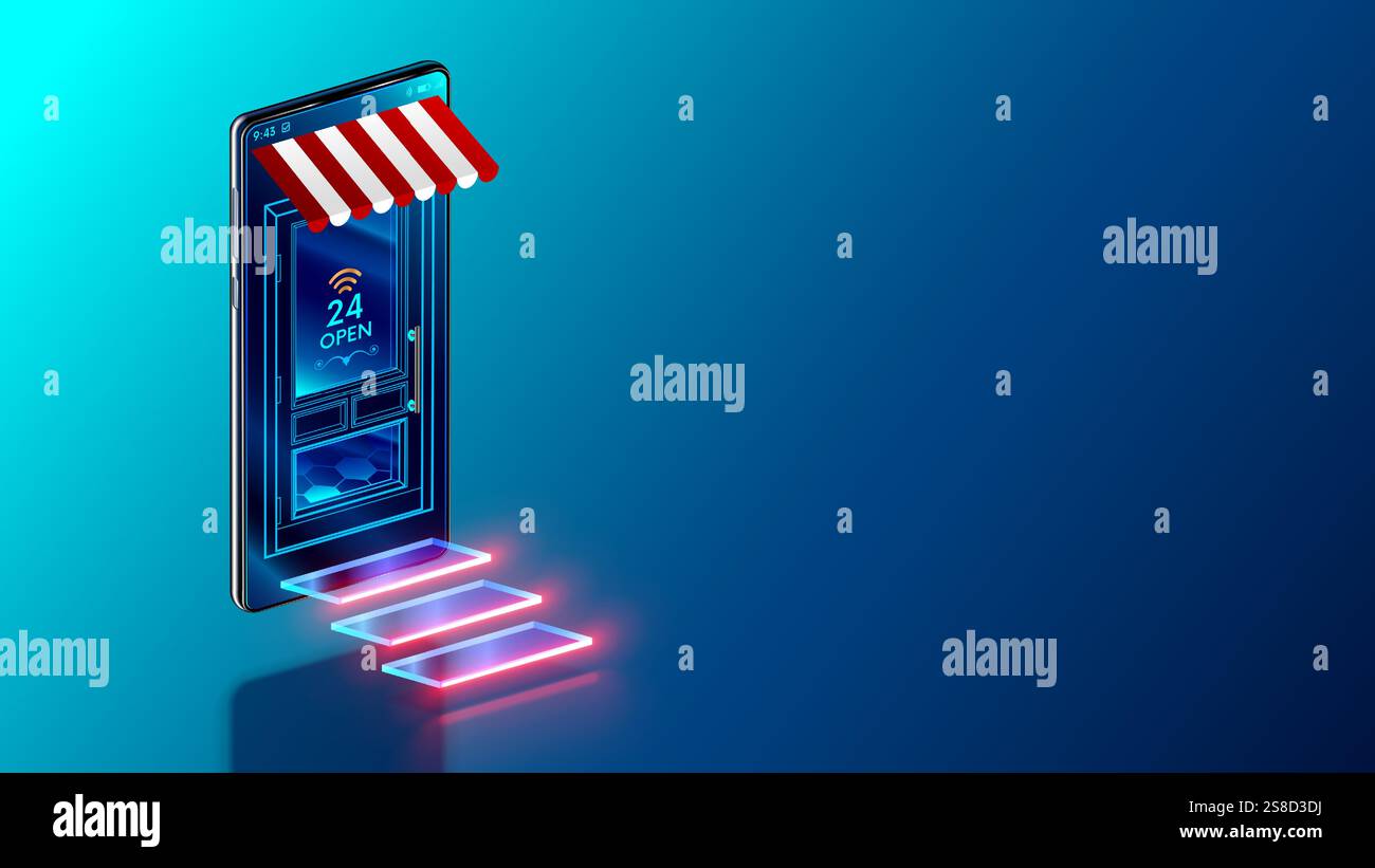 Online-Shop-App auf dem Bildschirm Telefon Konzept. Das Smartphone wurde in einen Internetshop oder einen Shop verwandelt. Online-Markt, E-Commerce. Supermarkt-Smartphone des Kaufs Stock Vektor