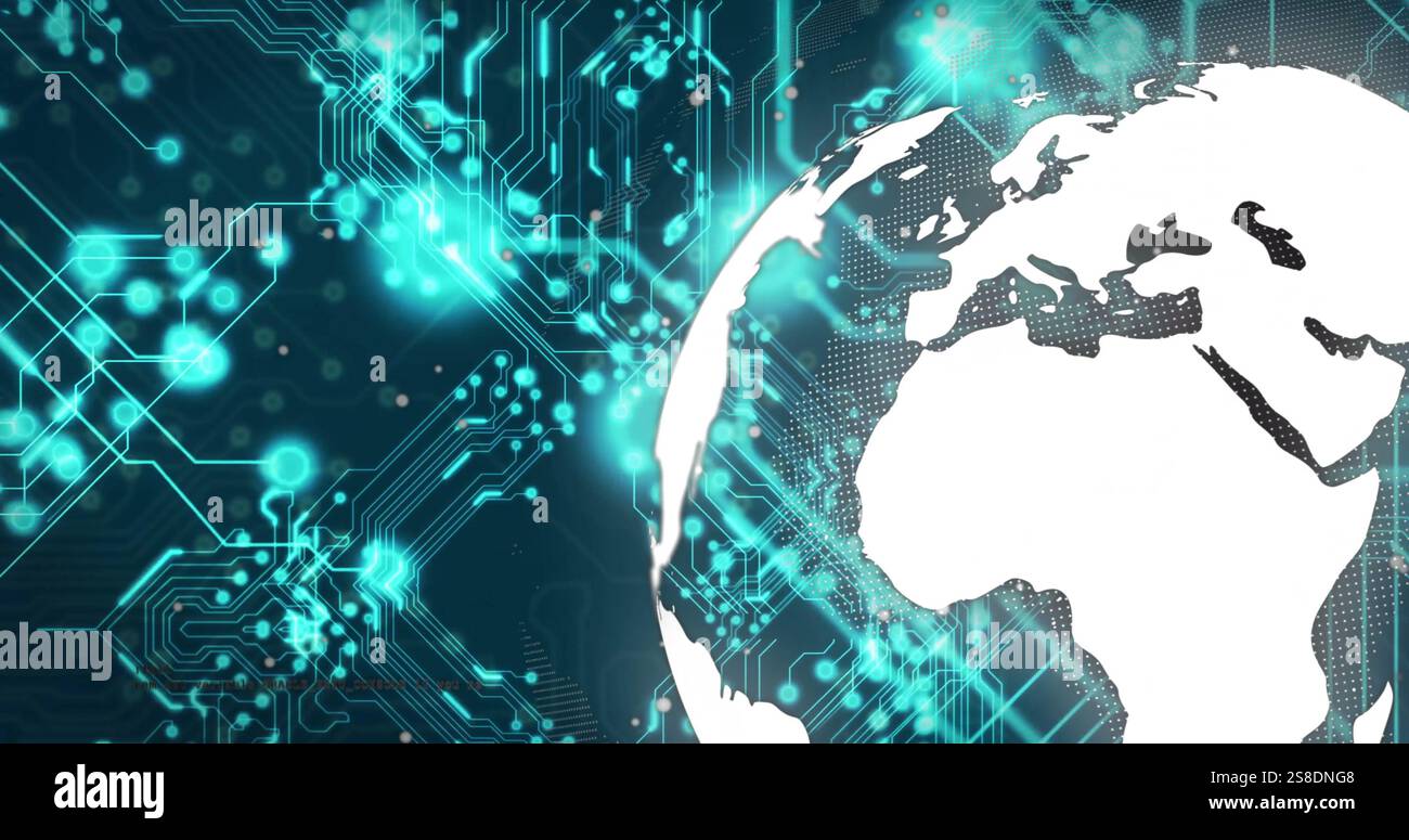Digitale Leiterplatte und Globus, Bild des globalen Technologienetzwerks Stockfoto