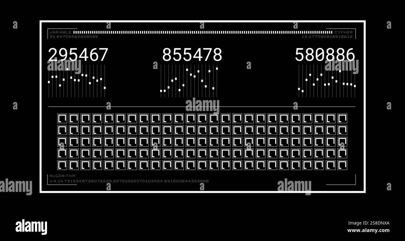 Zahlen und binäres Datenverarbeitungsbild über schwarzem Hintergrund mit weißen Elementen Stockfoto