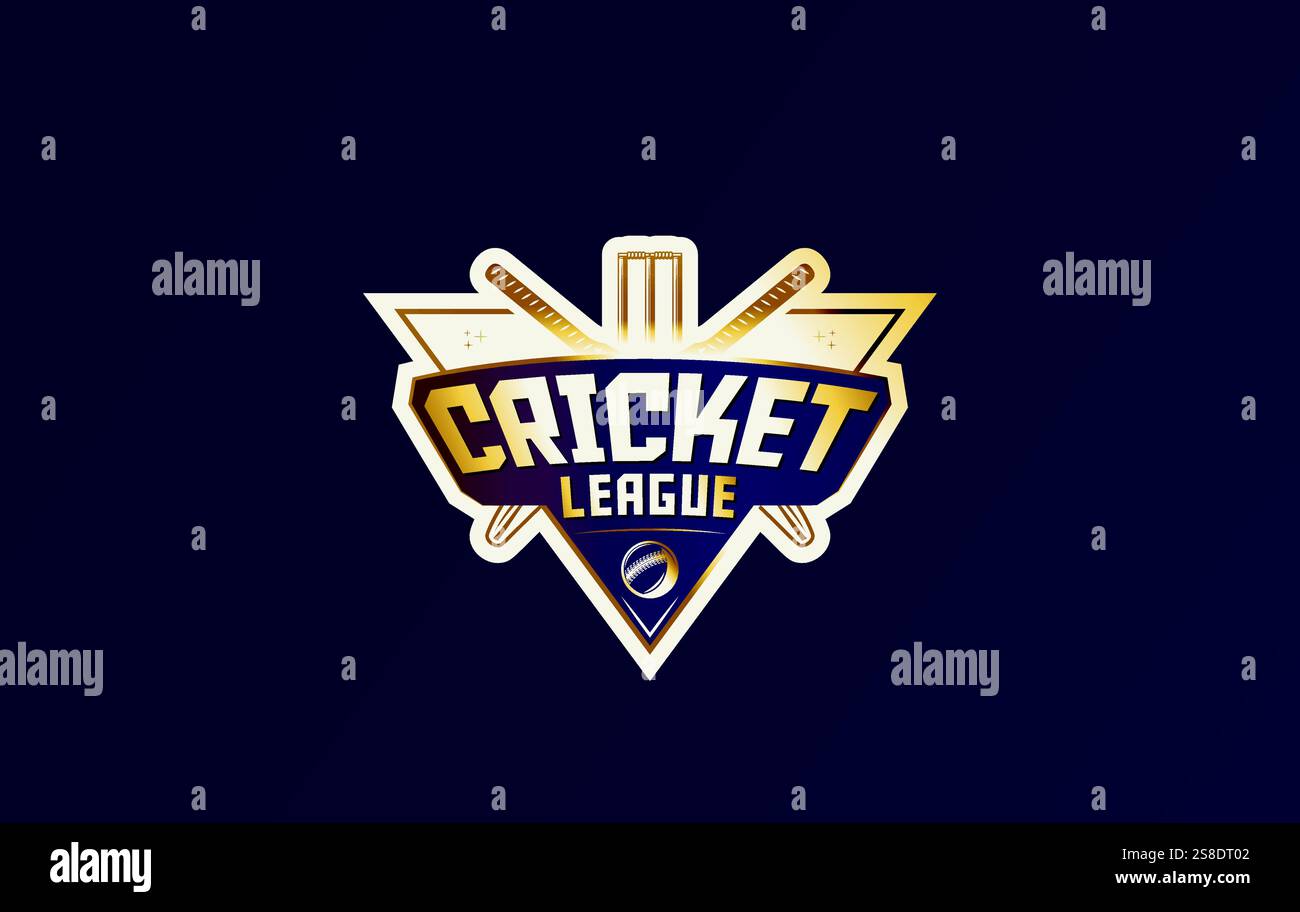 Cricket League-Logo mit blauem Hintergrund und goldfarbenem Farbverlauf mit Wicket-, Fledermaus- und Designelementen Stock Vektor