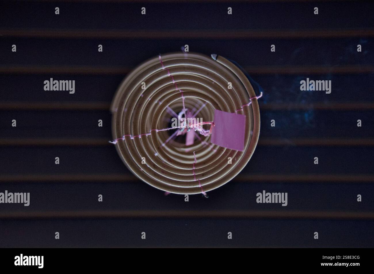 Brennende spiralförmige Weihrauchspule, die von der Decke im Tempel hängt und für langanhaltende Gebete und traditionelle spirituelle Opfergaben verwendet wird Stockfoto