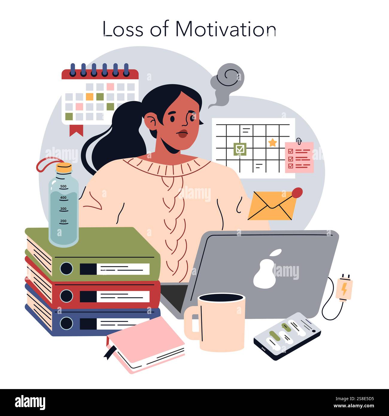 Burnout-Schilder-Konzept. Eine überforderte Frau im Arbeitschaos signalisiert die Erschöpfung der Arbeit. Arbeitsbelastung, mangelnder Antrieb, Produktivitätsrückgang. Vektorabbildung. Stock Vektor