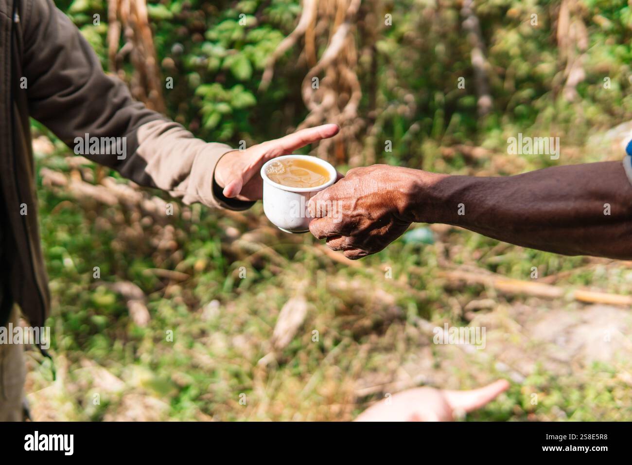Nahaufnahme von zwei Händen, die in einer ländlichen kolumbianischen Umgebung eine Tasse Guarapo austauschen, die Geste symbolisiert Verbindung und Tradition, umgeben von Natur Stockfoto