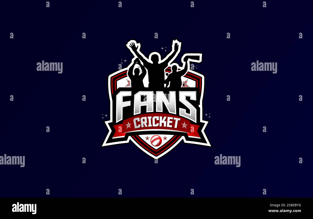 Cricket-Fans-Logo mit verlaufendem Hintergrund und rot-blauem Farbverlauf mit Wicket-, Fledermaus- und Designelementen Stock Vektor