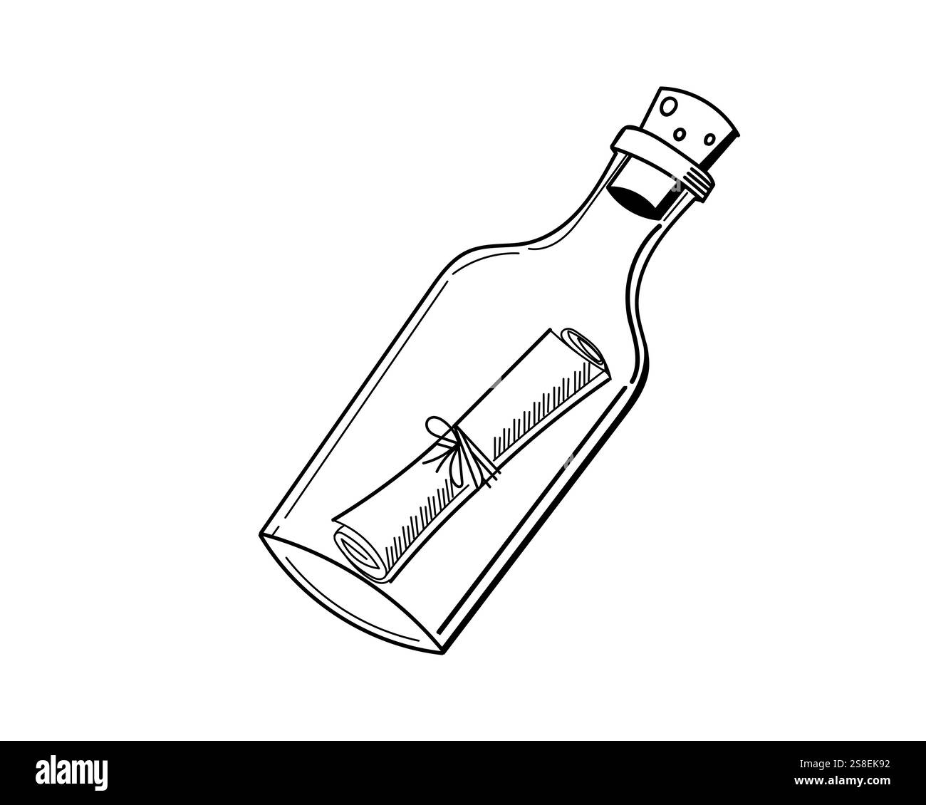 Flasche mit aufgerolltem Schriftzug innen, im Vintage-Stil gezeichnet. Ideal für nautische Themen oder visuelle Darstellungen zum Erzählen von Geschichten. Vektorabbildung. Stock Vektor