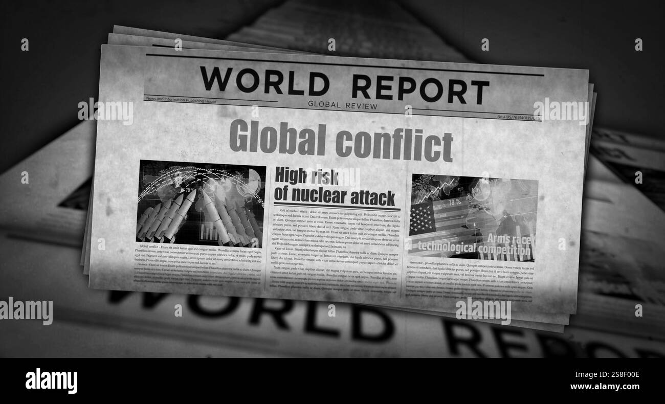 Globaler Konflikt Weltkrieg III Vintage-Nachrichten und Zeitungsdruck. Abstraktes Konzept Retro-Schlagzeilen 3D-Illustration. Stockfoto