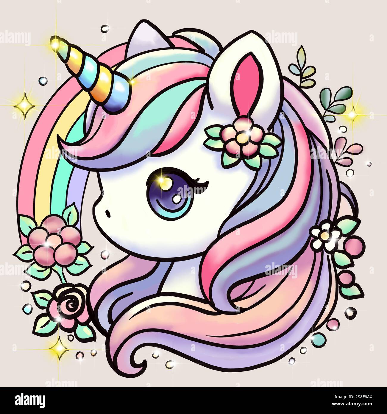 Magisches Einhorn mit Blumen Illustration Stockfoto