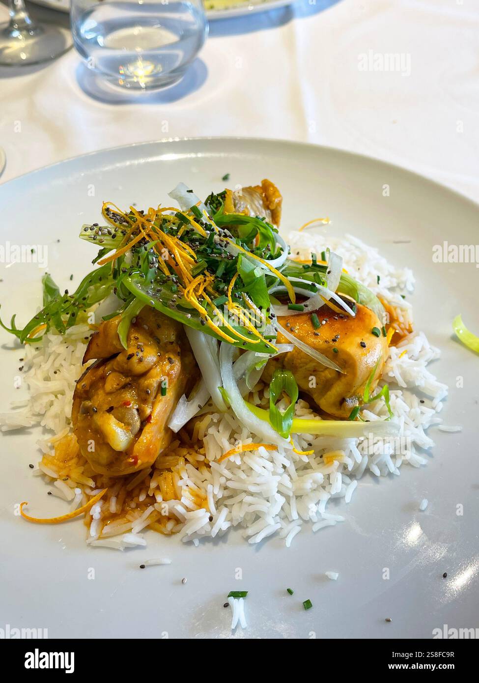 Hühnchen mit Reis und Gemüse. Stockfoto