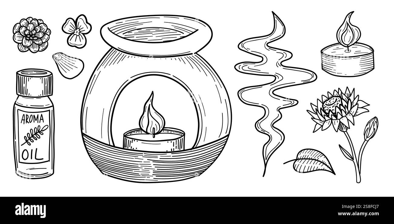 Aromaöl und Diffusor kritzeln mit weichen floralen Elementen. Geeignet für Wellness-, Spa- und Duftkonzepte. Schwarz-weiße Strichgrafik mit einem Calmi Stock Vektor