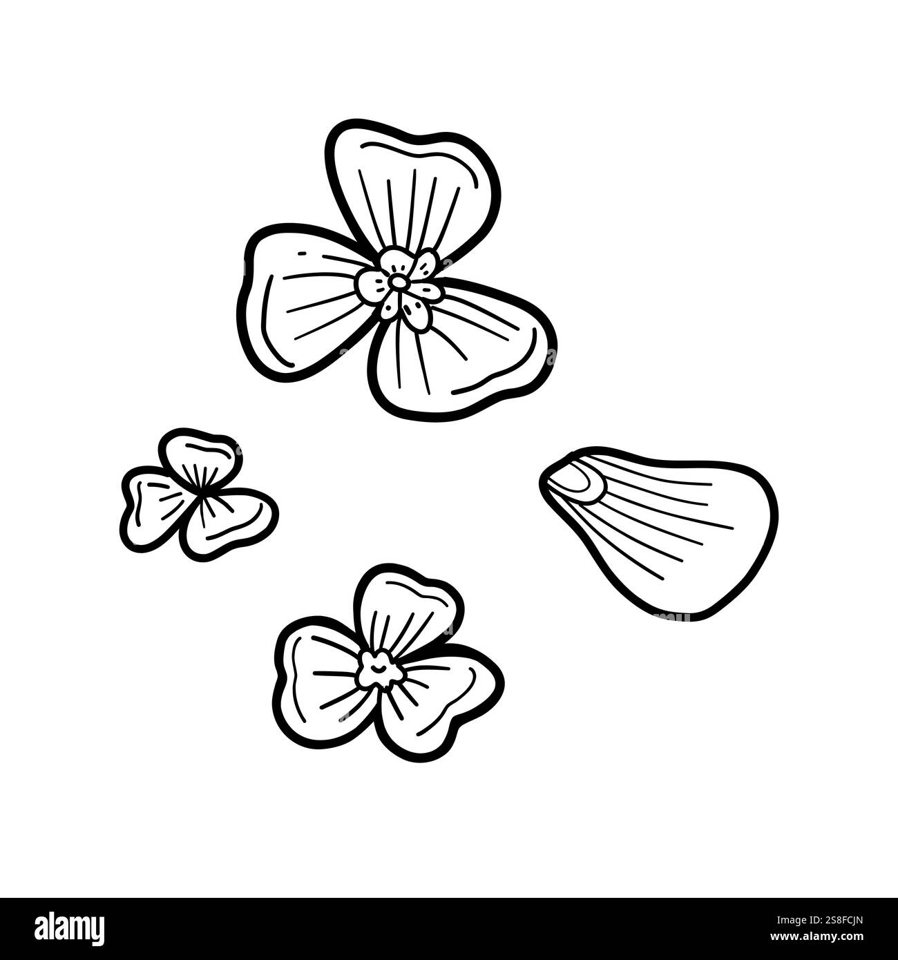 Schwarz-weiße Illustration von Sakura-Blütenblättern in zarten Umrissen, perfekt für botanische Kunst, Tattoo-Design, Naturliebhaber und minimalistische d Stock Vektor