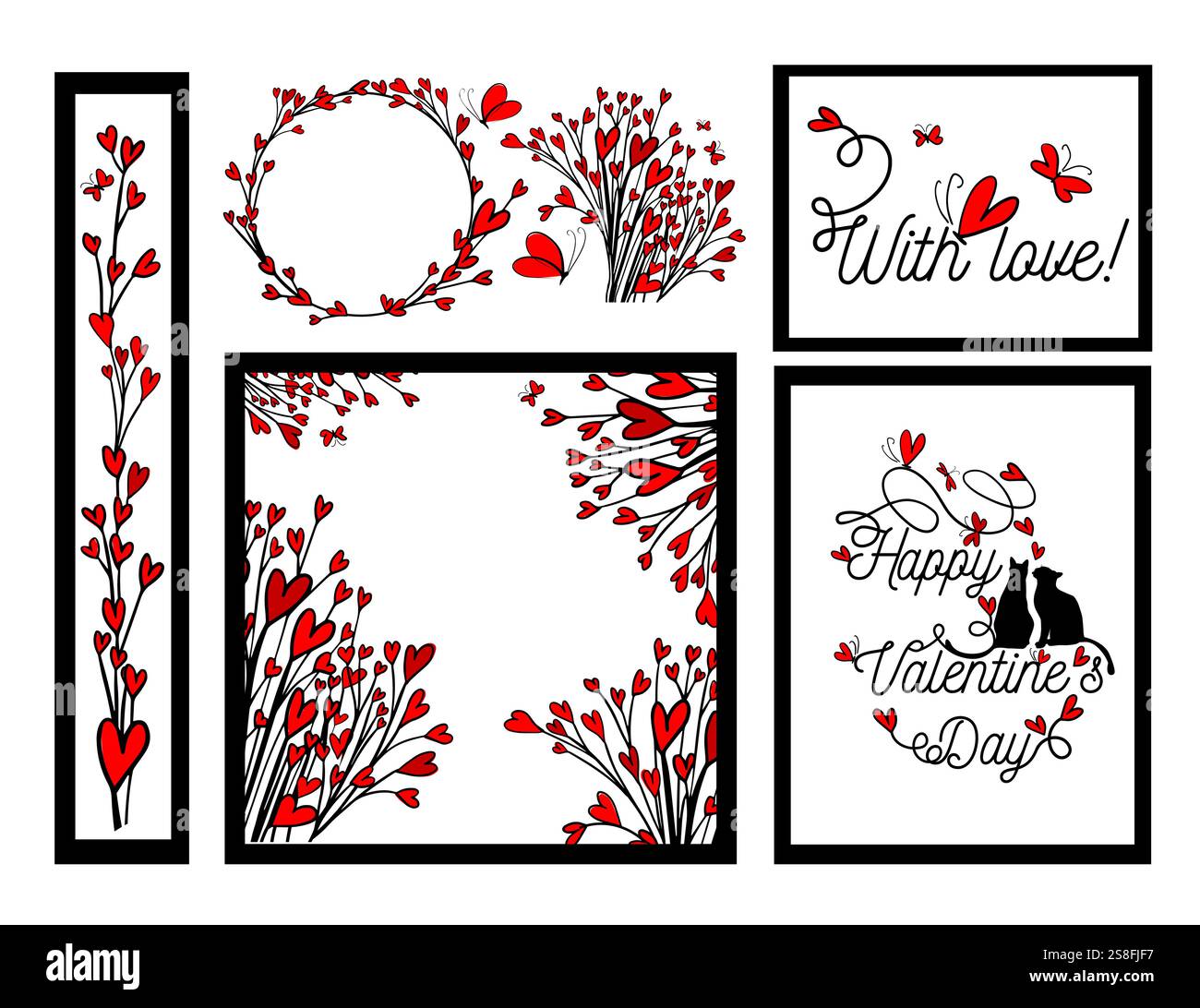 Set Postkarten alles Gute zum Valentinstag. Handgezeichnet. Nicht AI, Vektorillustration Stock Vektor