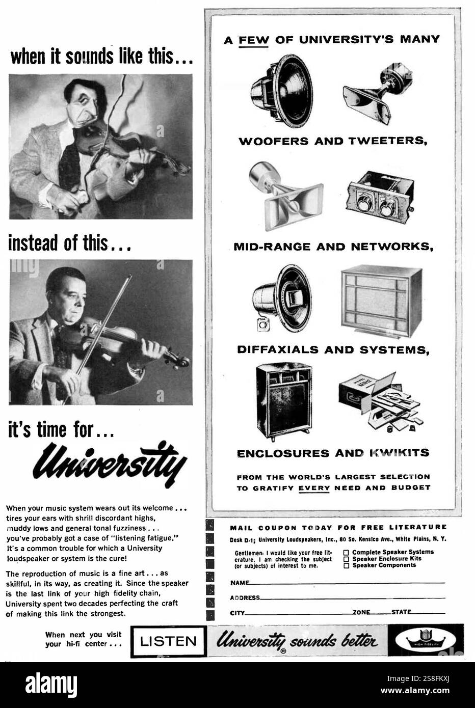 1958 University Loudspeakers Inc N.Y. Komponenten der Soundausrüstung – Woofer, Hochtöner, Diffaxiale, Encloser, Kwikits Stockfoto